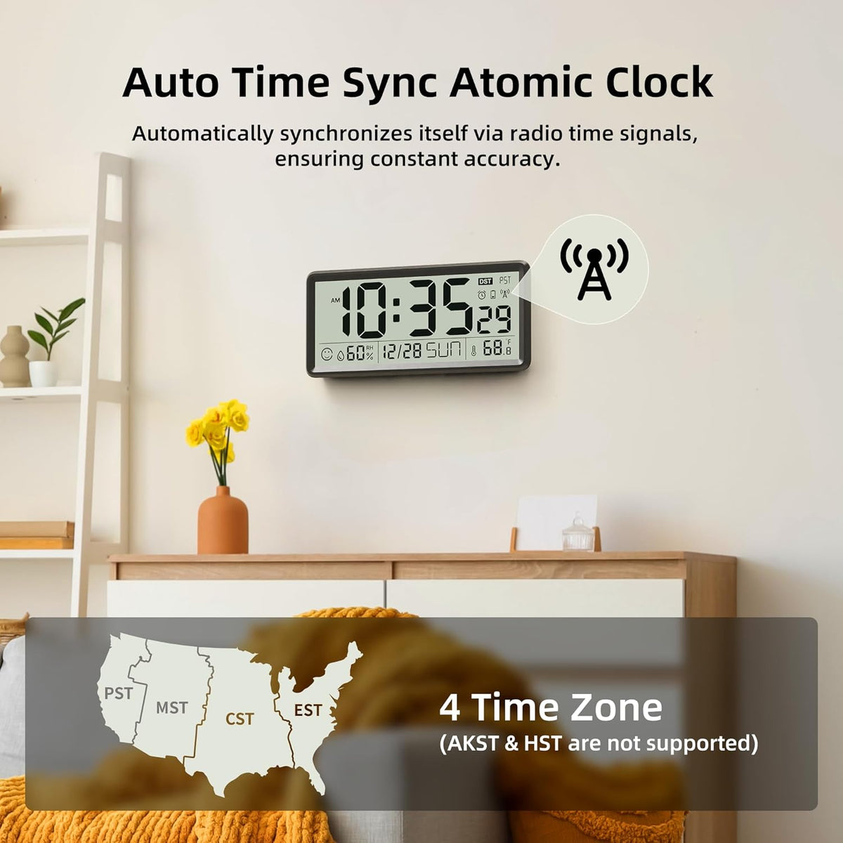 15'' Large Digital Atomic Wall Clock Battery Operated, Auto DST