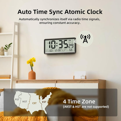 15'' Large Digital Atomic Wall Clock Battery Operated, Auto DST