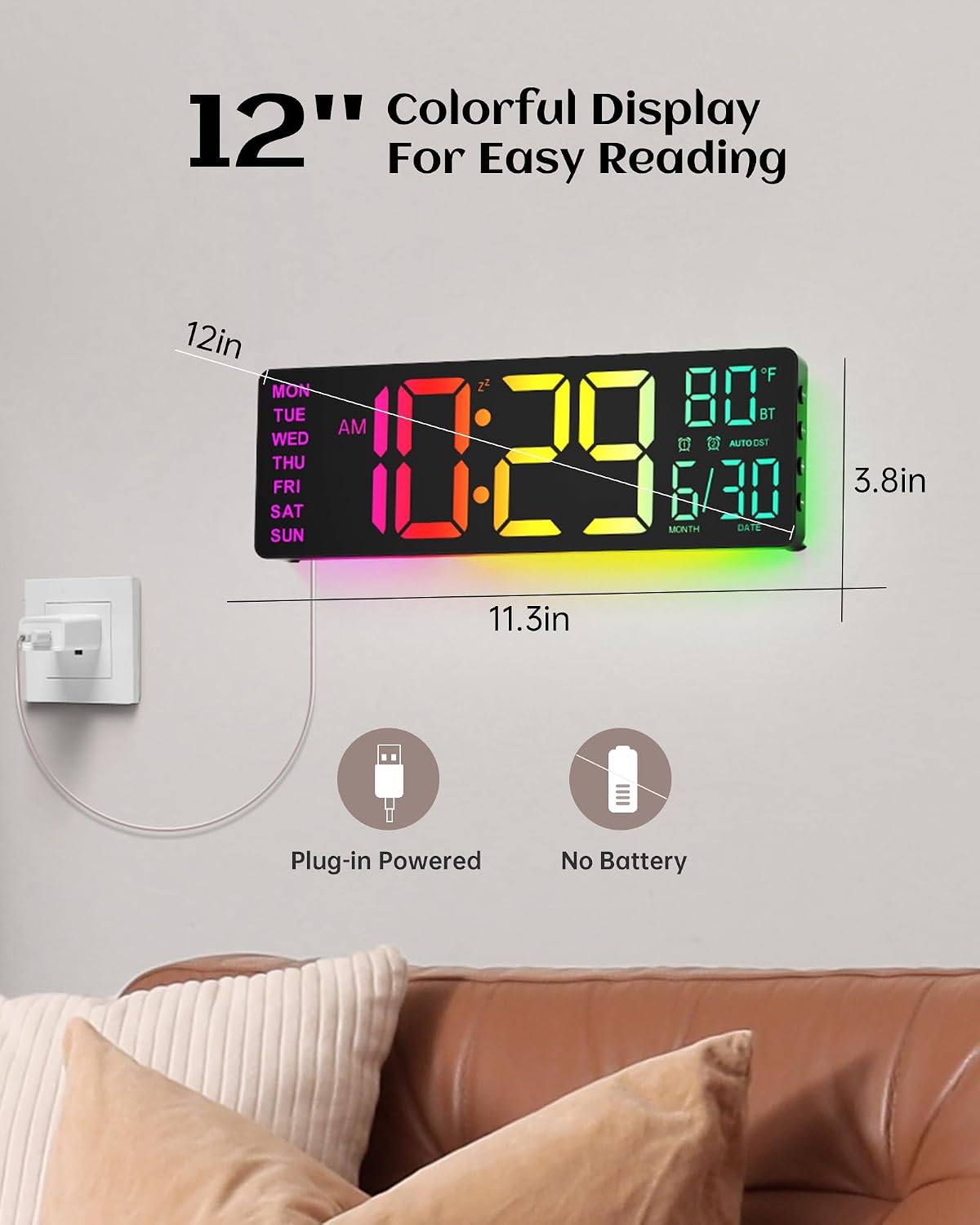 15'' Large Digital Atomic Wall Clock Battery Operated, Auto DST