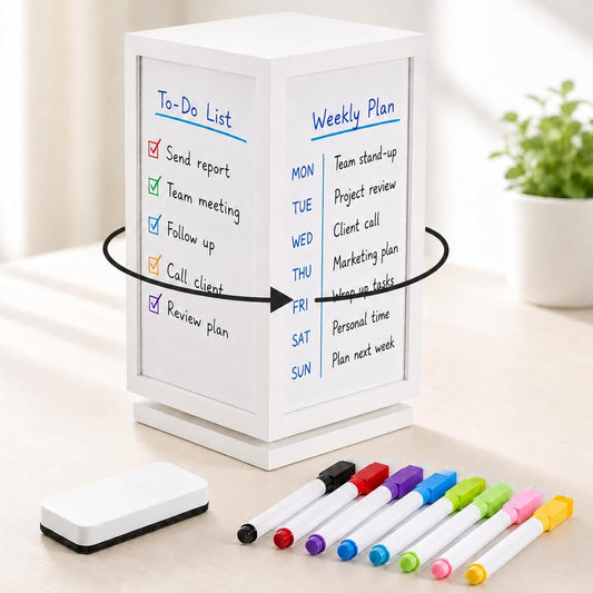 12" x 6.5" x 6.5" 4-Sided Rotating Desktop Whiteboard Tower, Dry Erase Board Planner with 8 Markers and Eraser, Multi-Surface Memo Board for to-Do Lists, Weekly Planning, Office, Home, School