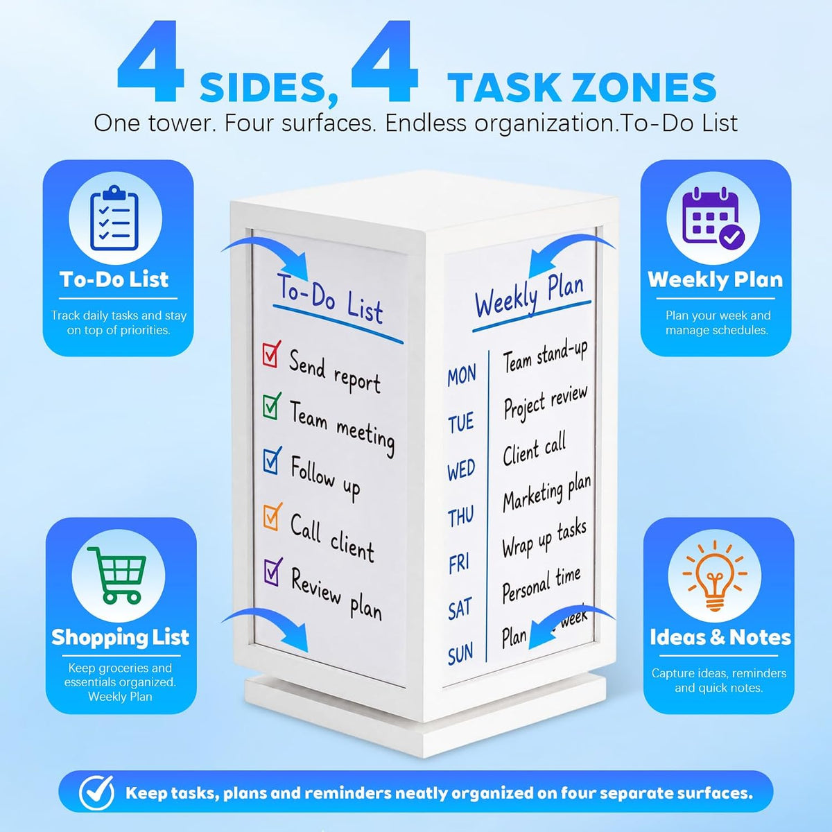 12" x 6.5" x 6.5" 4-Sided Rotating Desktop Whiteboard Tower, Dry Erase Board Planner with 8 Markers and Eraser, Multi-Surface Memo Board for to-Do Lists, Weekly Planning, Office, Home, School