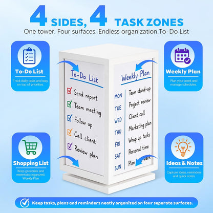 12" x 6.5" x 6.5" 4-Sided Rotating Desktop Whiteboard Tower, Dry Erase Board Planner with 8 Markers and Eraser, Multi-Surface Memo Board for to-Do Lists, Weekly Planning, Office, Home, School