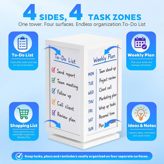 12" x 6.5" x 6.5" 4-Sided Rotating Desktop Whiteboard Tower, Dry Erase Board Planner with 8 Markers and Eraser, Multi-Surface Memo Board for to-Do Lists, Weekly Planning, Office, Home, School