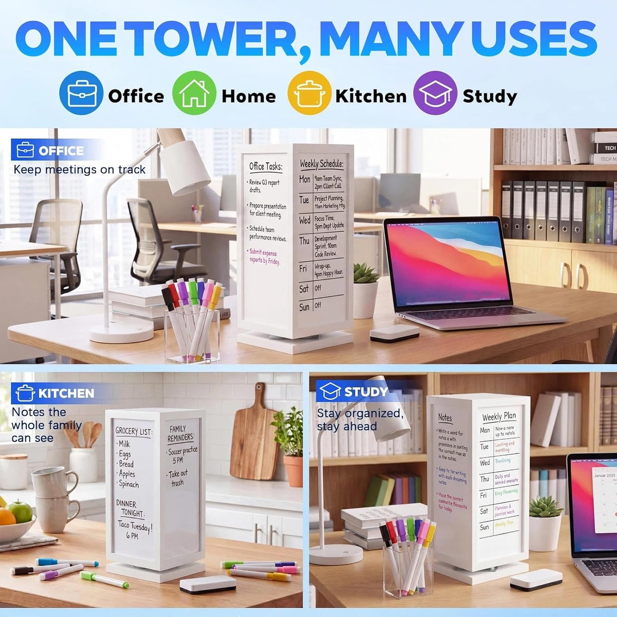 12" x 6.5" x 6.5" 4-Sided Rotating Desktop Whiteboard Tower, Dry Erase Board Planner with 8 Markers and Eraser, Multi-Surface Memo Board for to-Do Lists, Weekly Planning, Office, Home, School