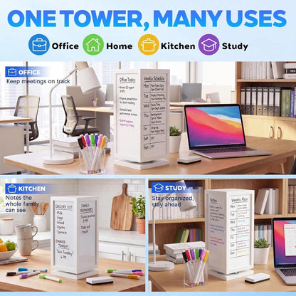 12" x 6.5" x 6.5" 4-Sided Rotating Desktop Whiteboard Tower, Dry Erase Board Planner with 8 Markers and Eraser, Multi-Surface Memo Board for to-Do Lists, Weekly Planning, Office, Home, School