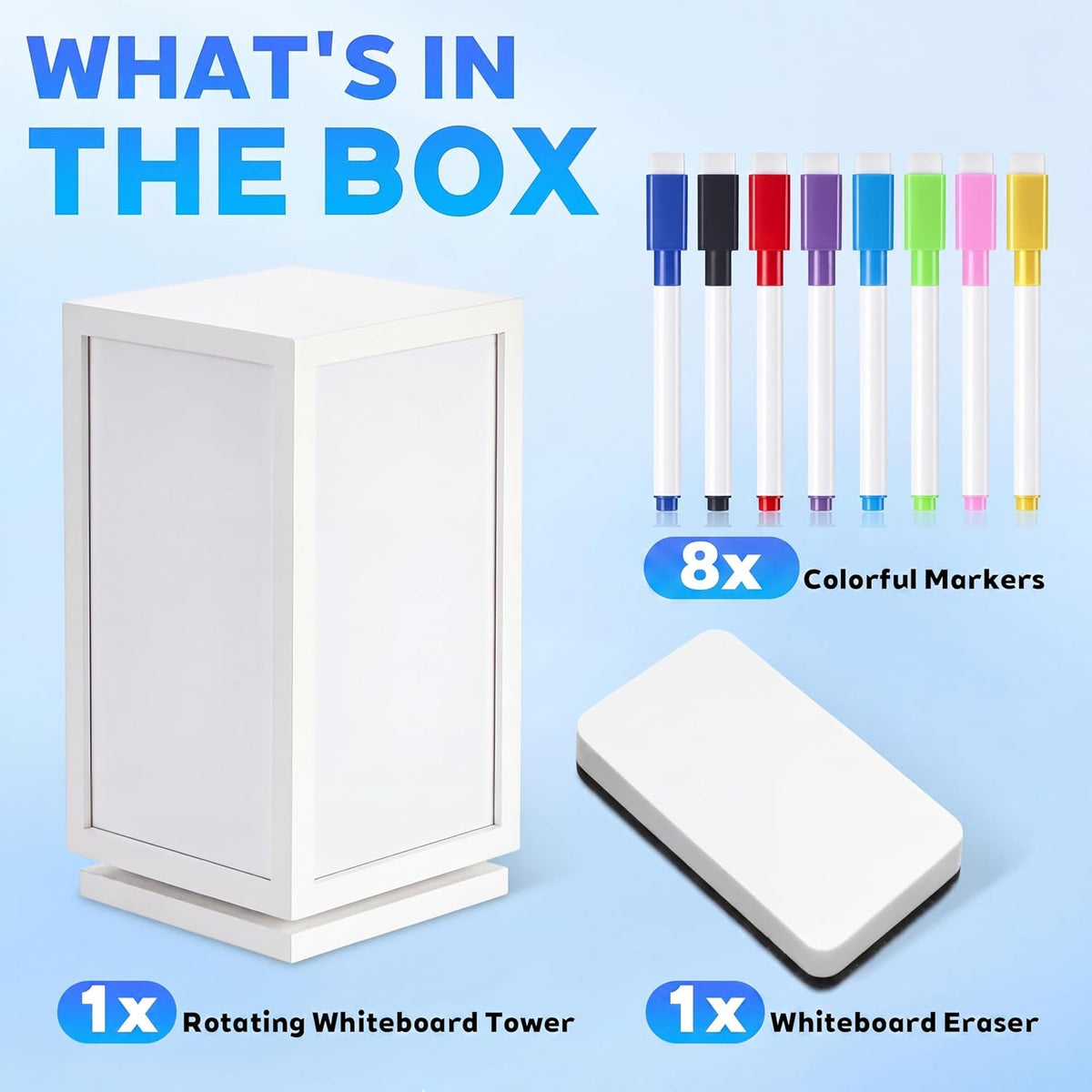 12" x 6.5" x 6.5" 4-Sided Rotating Desktop Whiteboard Tower, Dry Erase Board Planner with 8 Markers and Eraser, Multi-Surface Memo Board for to-Do Lists, Weekly Planning, Office, Home, School