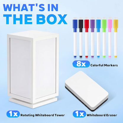 12" x 6.5" x 6.5" 4-Sided Rotating Desktop Whiteboard Tower, Dry Erase Board Planner with 8 Markers and Eraser, Multi-Surface Memo Board for to-Do Lists, Weekly Planning, Office, Home, School