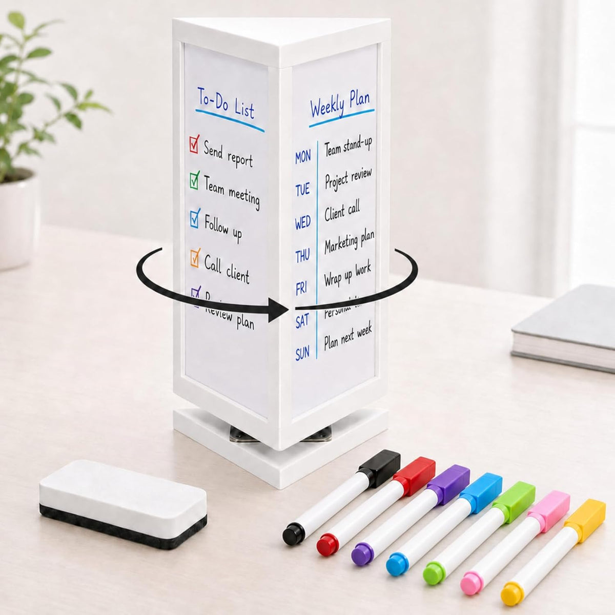 12" x 6.5" x 6.5" 4-Sided Rotating Desktop Whiteboard Tower, Dry Erase Board Planner with 8 Markers and Eraser, Multi-Surface Memo Board for to-Do Lists, Weekly Planning, Office, Home, School