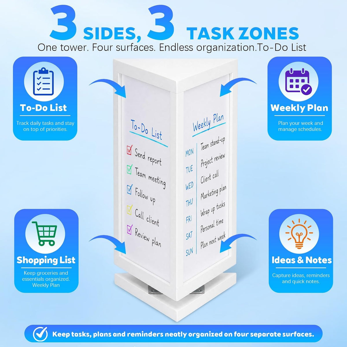 12" x 6.5" x 6.5" 4-Sided Rotating Desktop Whiteboard Tower, Dry Erase Board Planner with 8 Markers and Eraser, Multi-Surface Memo Board for to-Do Lists, Weekly Planning, Office, Home, School