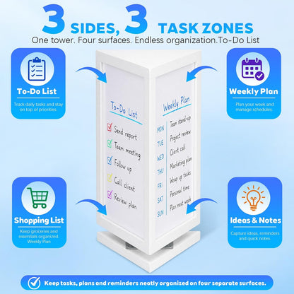 12" x 6.5" x 6.5" 4-Sided Rotating Desktop Whiteboard Tower, Dry Erase Board Planner with 8 Markers and Eraser, Multi-Surface Memo Board for to-Do Lists, Weekly Planning, Office, Home, School