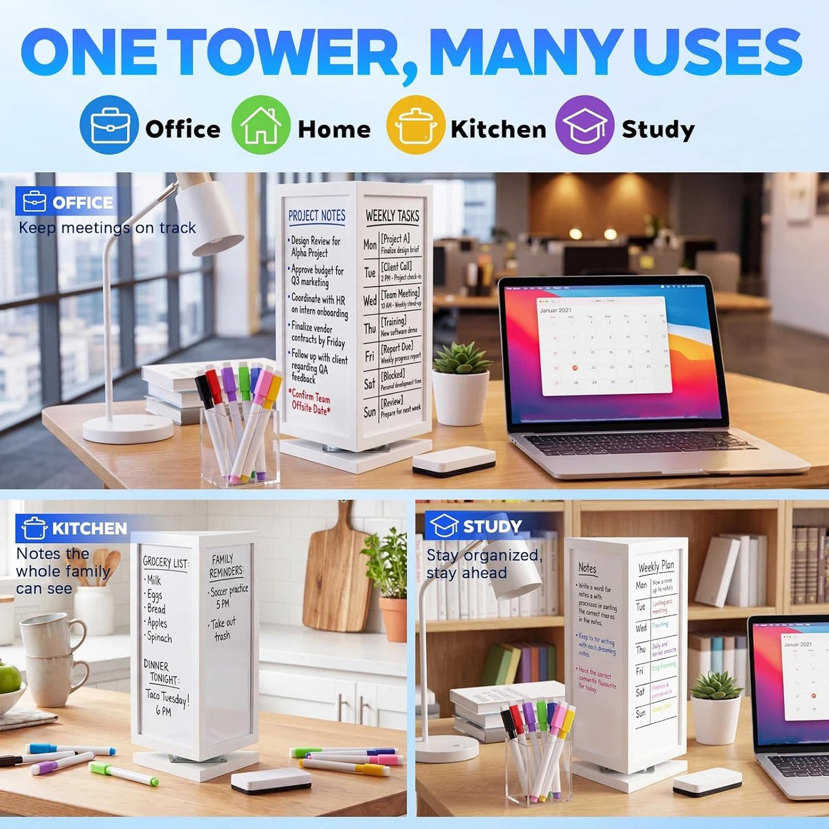 12" x 6.5" x 6.5" 4-Sided Rotating Desktop Whiteboard Tower, Dry Erase Board Planner with 8 Markers and Eraser, Multi-Surface Memo Board for to-Do Lists, Weekly Planning, Office, Home, School