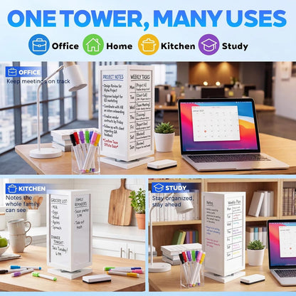 12" x 6.5" x 6.5" 4-Sided Rotating Desktop Whiteboard Tower, Dry Erase Board Planner with 8 Markers and Eraser, Multi-Surface Memo Board for to-Do Lists, Weekly Planning, Office, Home, School