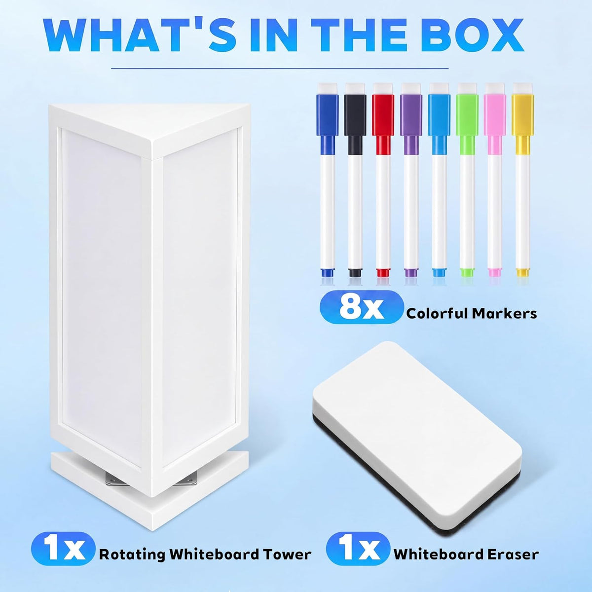 12" x 6.5" x 6.5" 4-Sided Rotating Desktop Whiteboard Tower, Dry Erase Board Planner with 8 Markers and Eraser, Multi-Surface Memo Board for to-Do Lists, Weekly Planning, Office, Home, School