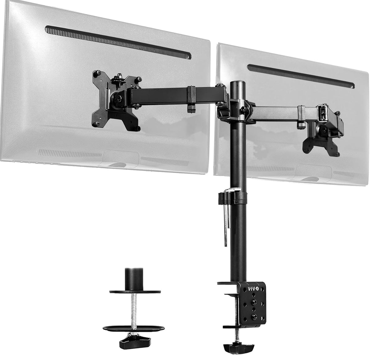 Dual Monitor Desk Mount, Holds 2 Computer Screens up to 30 inches and 22lbs Each, Heavy Duty Fully Adjustable Steel Stand with C-Clamp and Grommet, Black, STAND-V002