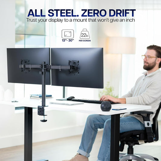 Dual Monitor Desk Mount, Holds 2 Computer Screens up to 30 inches and 22lbs Each, Heavy Duty Fully Adjustable Steel Stand with C-Clamp and Grommet, Black, STAND-V002
