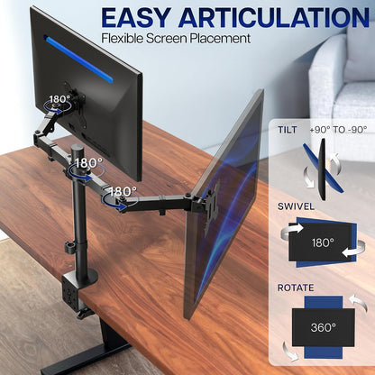 Dual Monitor Desk Mount, Holds 2 Computer Screens up to 30 inches and 22lbs Each, Heavy Duty Fully Adjustable Steel Stand with C-Clamp and Grommet, Black, STAND-V002