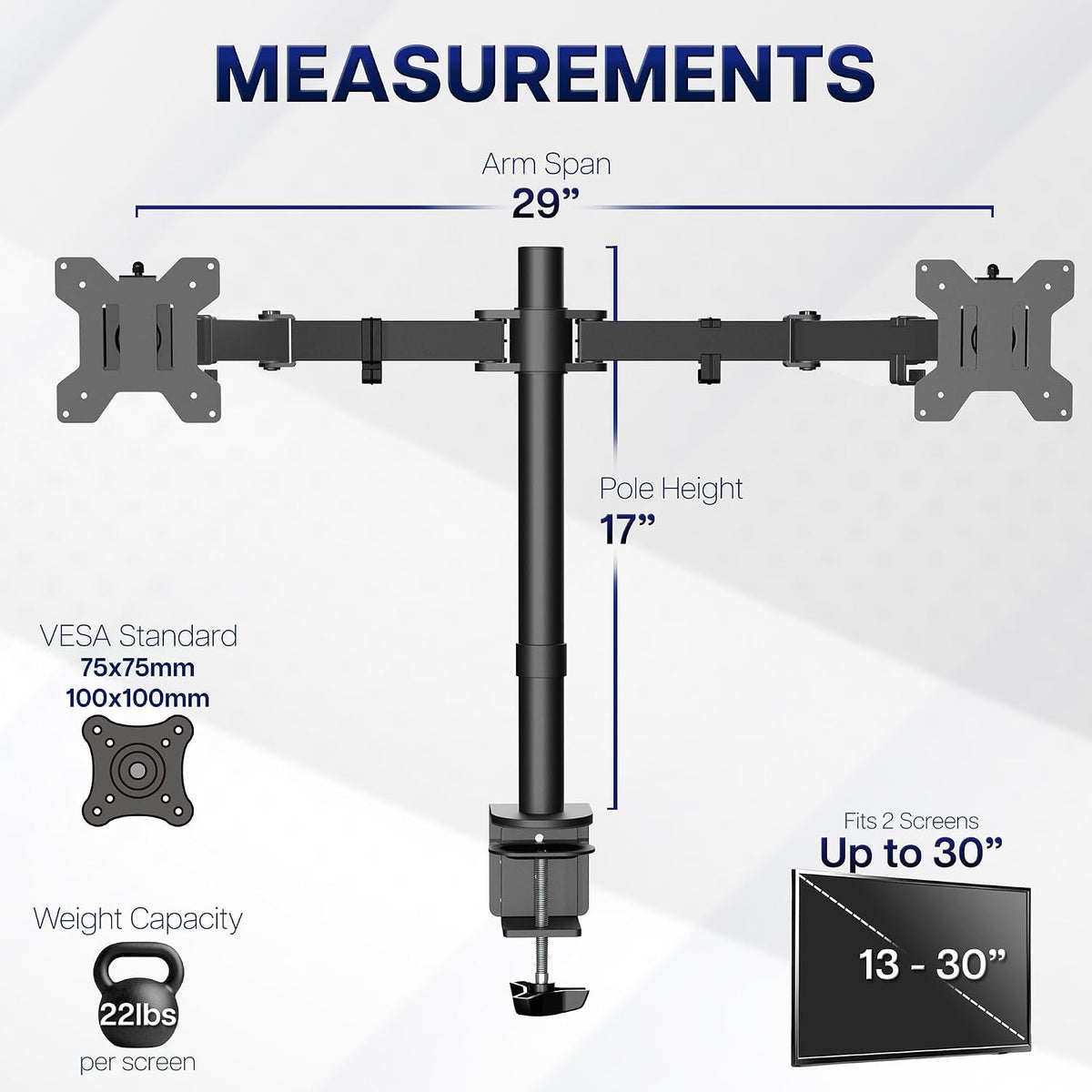 Dual Monitor Desk Mount, Holds 2 Computer Screens up to 30 inches and 22lbs Each, Heavy Duty Fully Adjustable Steel Stand with C-Clamp and Grommet, Black, STAND-V002