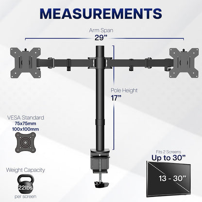 Dual Monitor Desk Mount, Holds 2 Computer Screens up to 30 inches and 22lbs Each, Heavy Duty Fully Adjustable Steel Stand with C-Clamp and Grommet, Black, STAND-V002