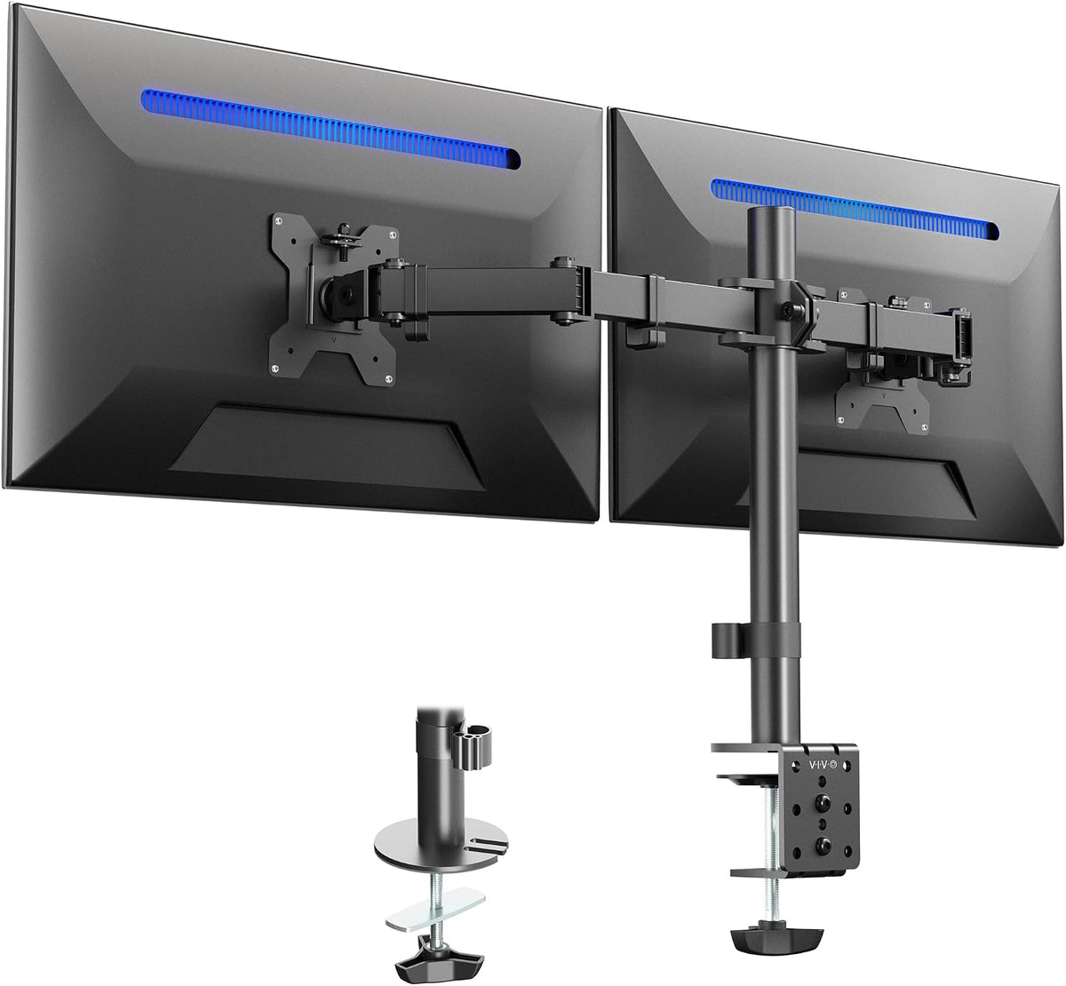Dual Monitor Desk Mount, Holds 2 Computer Screens up to 30 inches and 22lbs Each, Heavy Duty Fully Adjustable Steel Stand with C-Clamp and Grommet, Black, STAND-V002