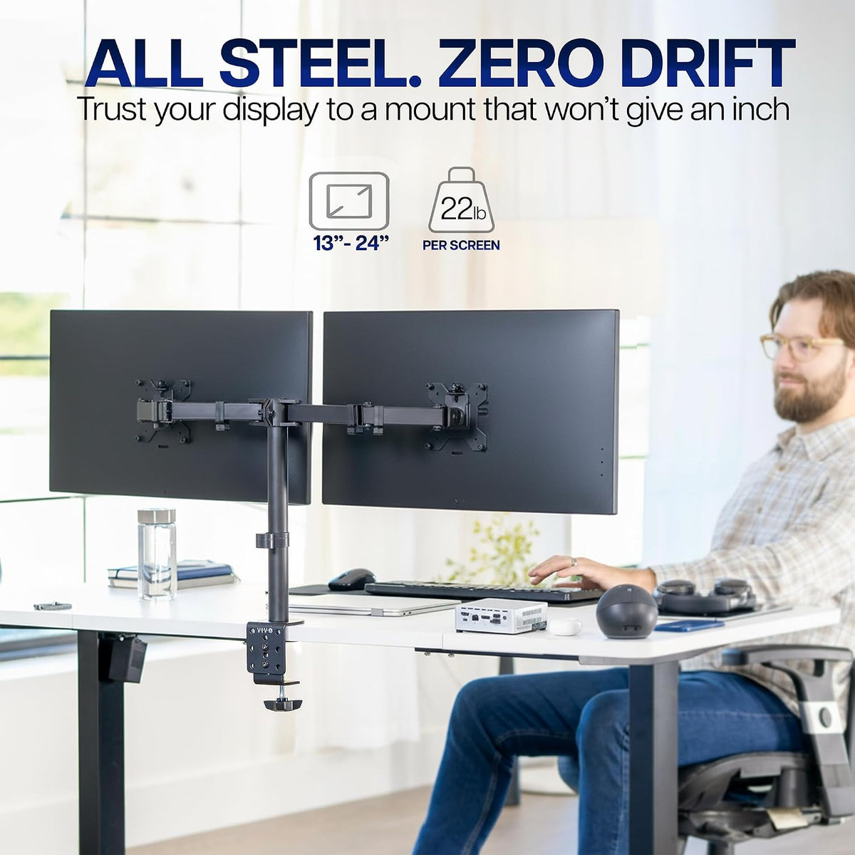 Dual Monitor Desk Mount, Holds 2 Computer Screens up to 30 inches and 22lbs Each, Heavy Duty Fully Adjustable Steel Stand with C-Clamp and Grommet, Black, STAND-V002