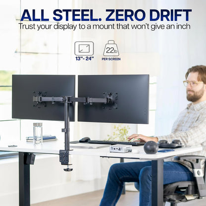 Dual Monitor Desk Mount, Holds 2 Computer Screens up to 30 inches and 22lbs Each, Heavy Duty Fully Adjustable Steel Stand with C-Clamp and Grommet, Black, STAND-V002