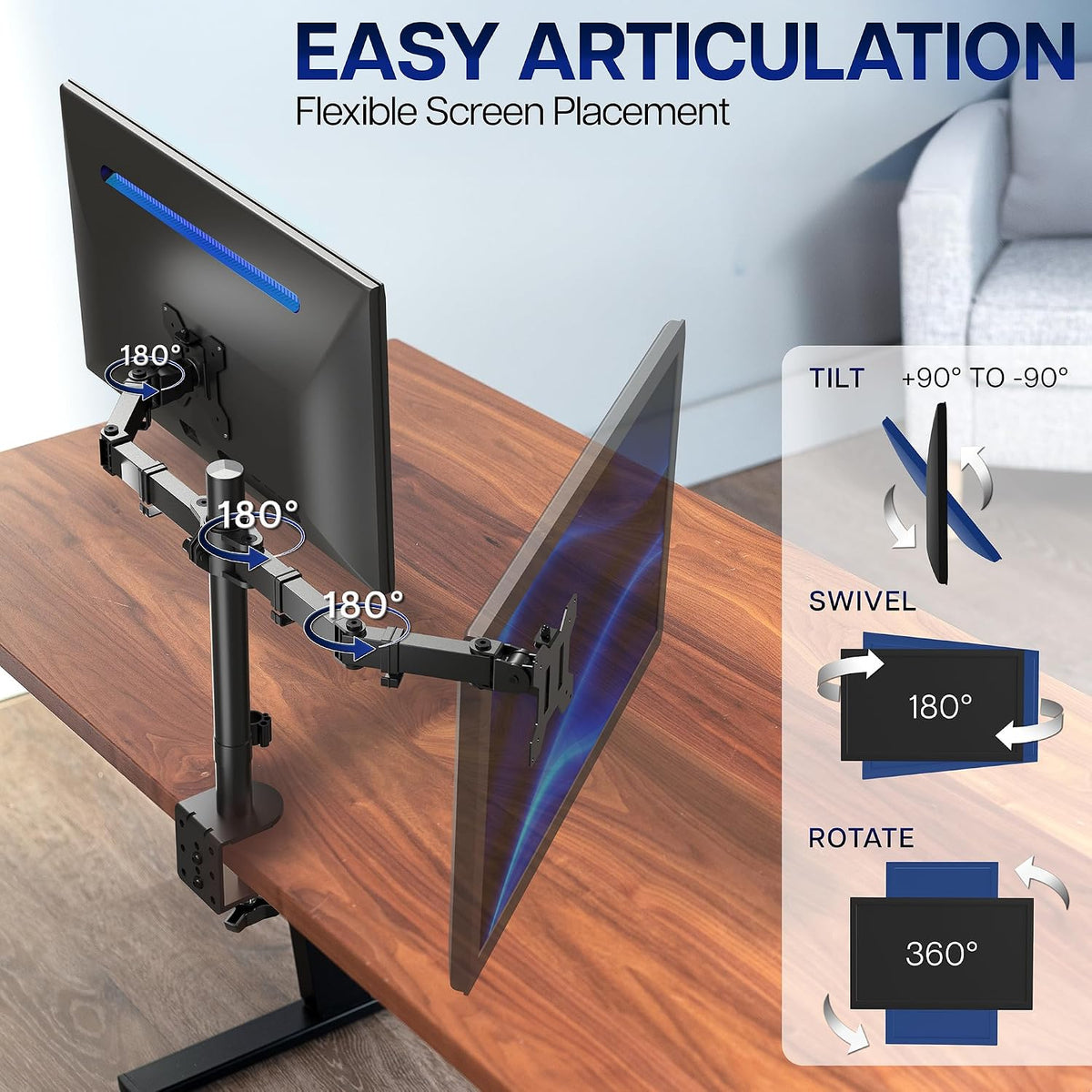 Dual Monitor Desk Mount, Holds 2 Computer Screens up to 30 inches and 22lbs Each, Heavy Duty Fully Adjustable Steel Stand with C-Clamp and Grommet, Black, STAND-V002