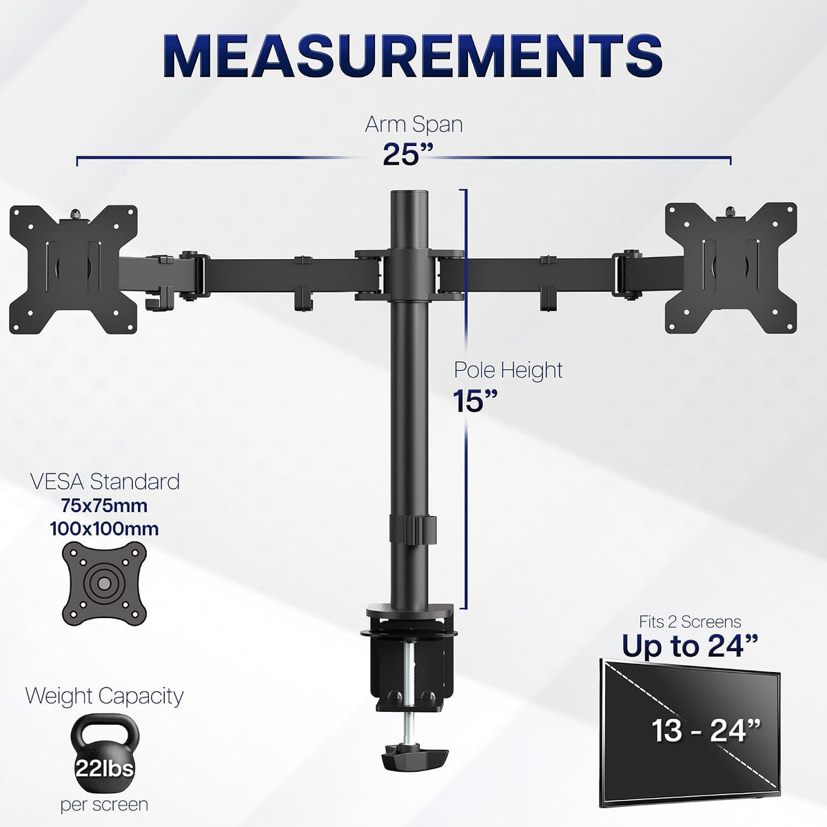 Dual Monitor Desk Mount, Holds 2 Computer Screens up to 30 inches and 22lbs Each, Heavy Duty Fully Adjustable Steel Stand with C-Clamp and Grommet, Black, STAND-V002