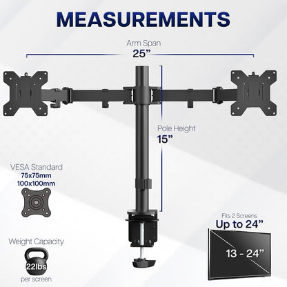 Dual Monitor Desk Mount, Holds 2 Computer Screens up to 30 inches and 22lbs Each, Heavy Duty Fully Adjustable Steel Stand with C-Clamp and Grommet, Black, STAND-V002