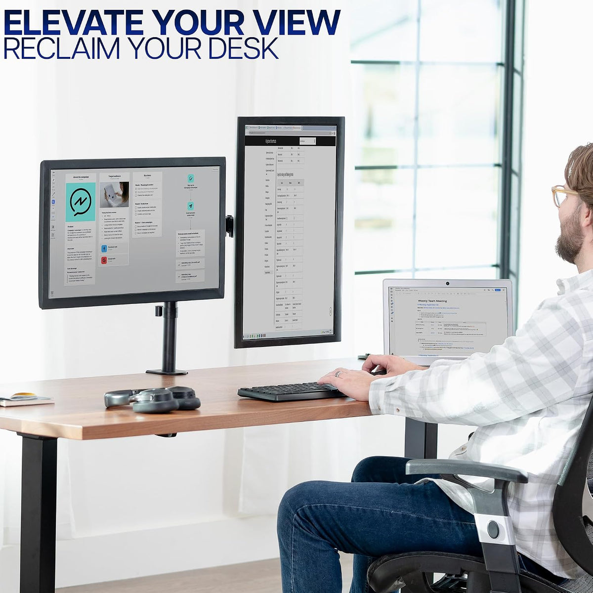 Dual Monitor Desk Mount, Holds 2 Computer Screens up to 30 inches and 22lbs Each, Heavy Duty Fully Adjustable Steel Stand with C-Clamp and Grommet, Black, STAND-V002