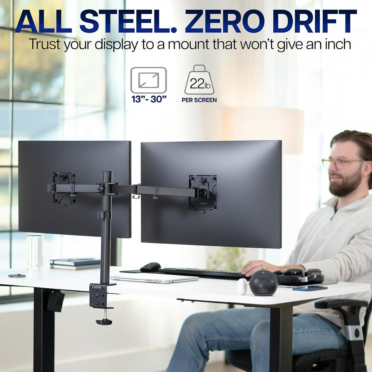 Dual Monitor Desk Mount, Holds 2 Computer Screens up to 30 inches and 22lbs Each, Heavy Duty Fully Adjustable Steel Stand with C-Clamp and Grommet, Black, STAND-V002
