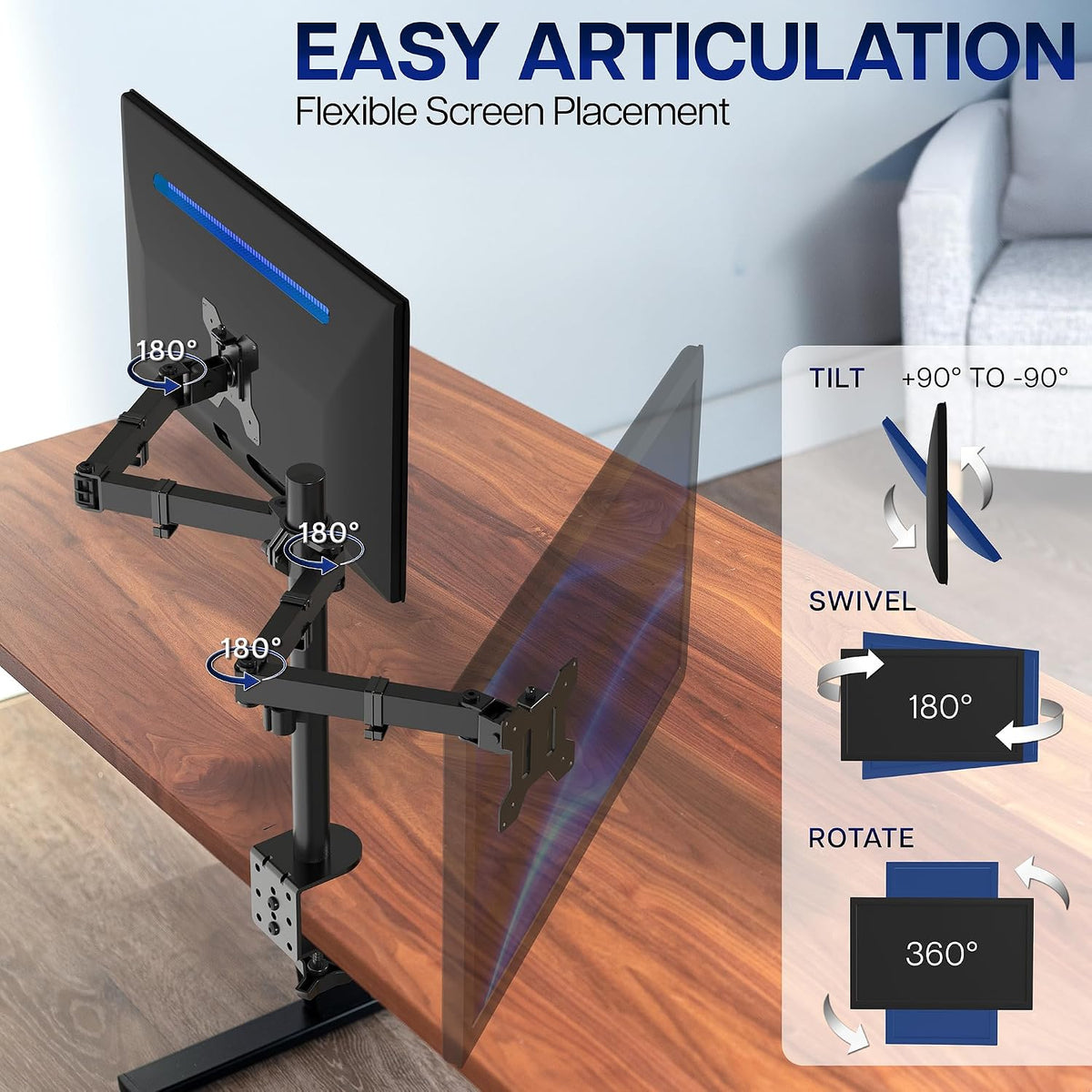 Dual Monitor Desk Mount, Holds 2 Computer Screens up to 30 inches and 22lbs Each, Heavy Duty Fully Adjustable Steel Stand with C-Clamp and Grommet, Black, STAND-V002