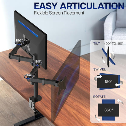 Dual Monitor Desk Mount, Holds 2 Computer Screens up to 30 inches and 22lbs Each, Heavy Duty Fully Adjustable Steel Stand with C-Clamp and Grommet, Black, STAND-V002