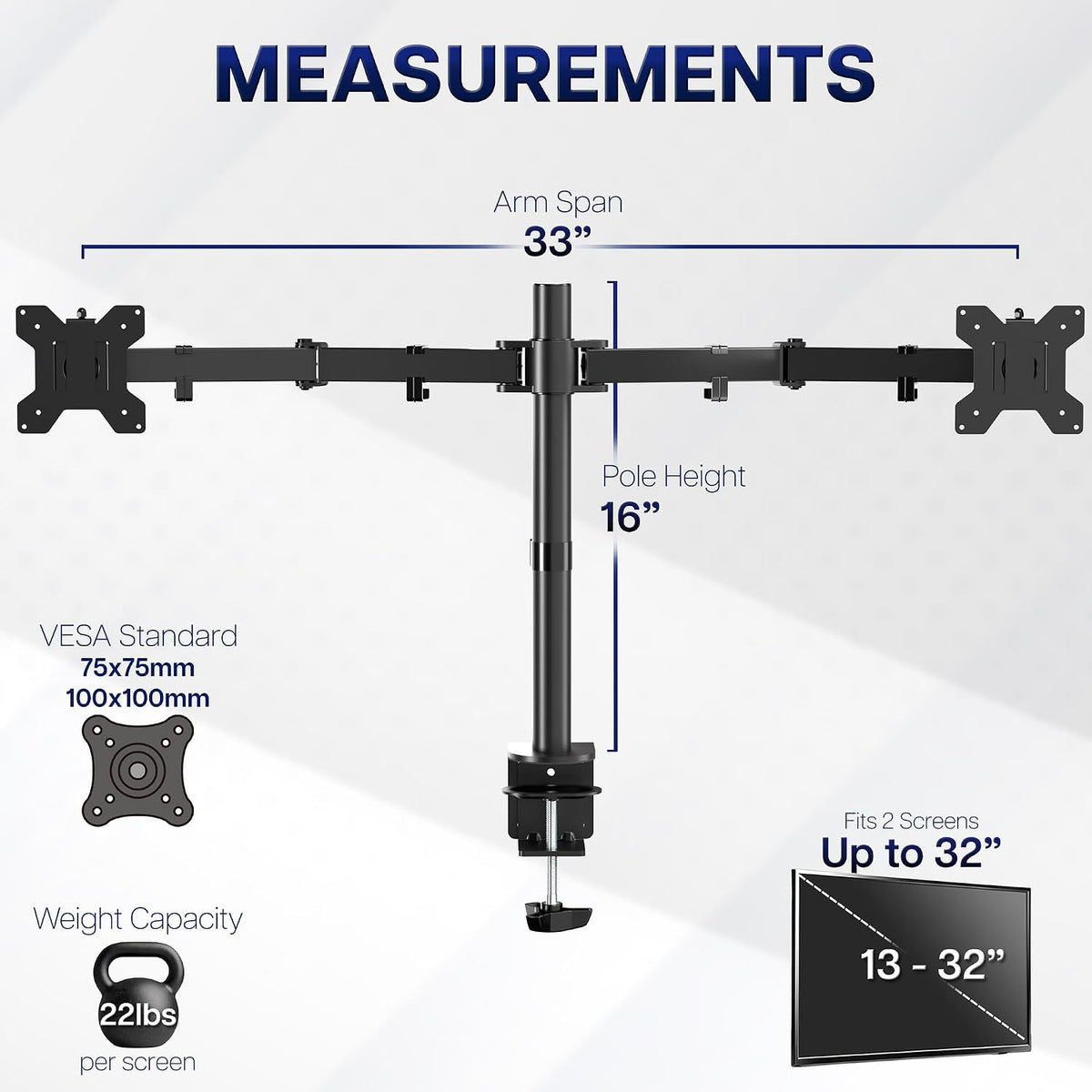 Dual Monitor Desk Mount, Holds 2 Computer Screens up to 30 inches and 22lbs Each, Heavy Duty Fully Adjustable Steel Stand with C-Clamp and Grommet, Black, STAND-V002