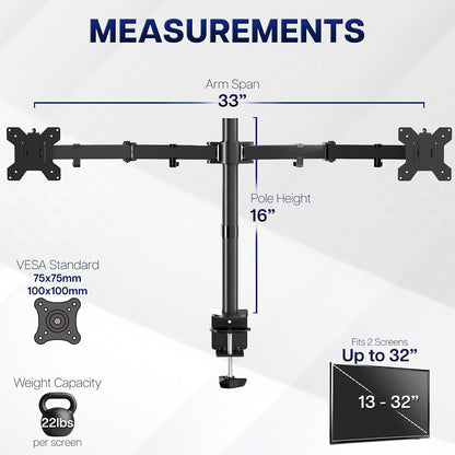 Dual Monitor Desk Mount, Holds 2 Computer Screens up to 30 inches and 22lbs Each, Heavy Duty Fully Adjustable Steel Stand with C-Clamp and Grommet, Black, STAND-V002