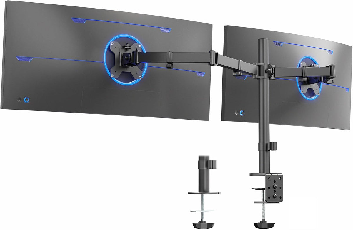 Dual Monitor Desk Mount, Holds 2 Computer Screens up to 30 inches and 22lbs Each, Heavy Duty Fully Adjustable Steel Stand with C-Clamp and Grommet, Black, STAND-V002