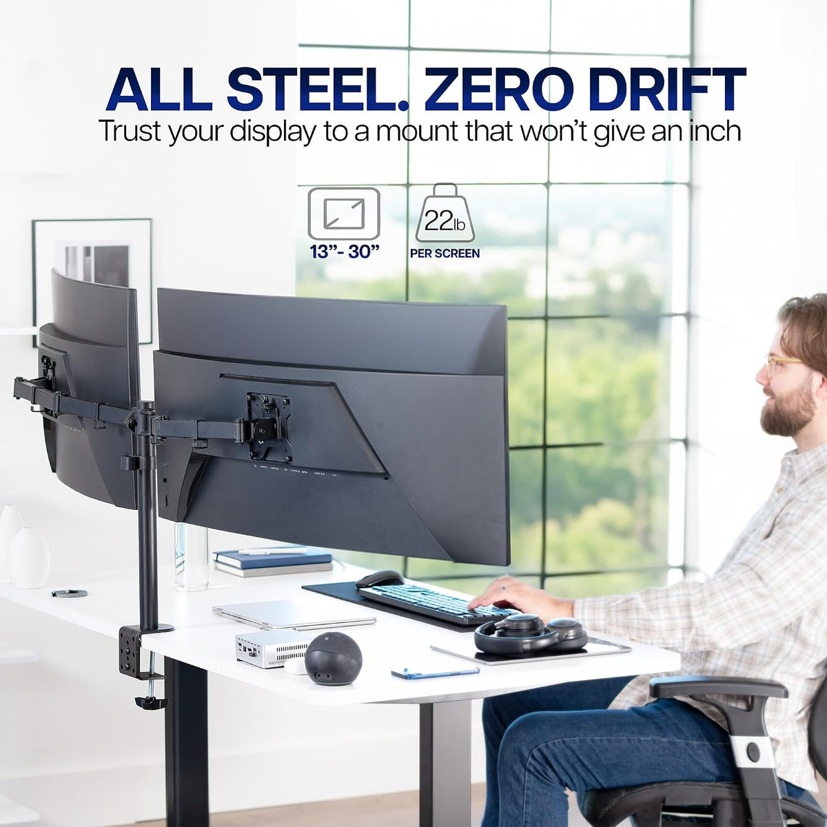 Dual Monitor Desk Mount, Holds 2 Computer Screens up to 30 inches and 22lbs Each, Heavy Duty Fully Adjustable Steel Stand with C-Clamp and Grommet, Black, STAND-V002