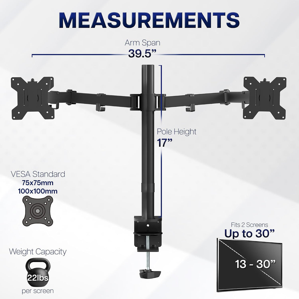 Dual Monitor Desk Mount, Holds 2 Computer Screens up to 30 inches and 22lbs Each, Heavy Duty Fully Adjustable Steel Stand with C-Clamp and Grommet, Black, STAND-V002
