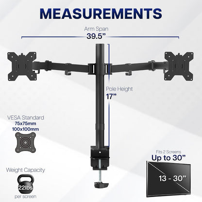 Dual Monitor Desk Mount, Holds 2 Computer Screens up to 30 inches and 22lbs Each, Heavy Duty Fully Adjustable Steel Stand with C-Clamp and Grommet, Black, STAND-V002