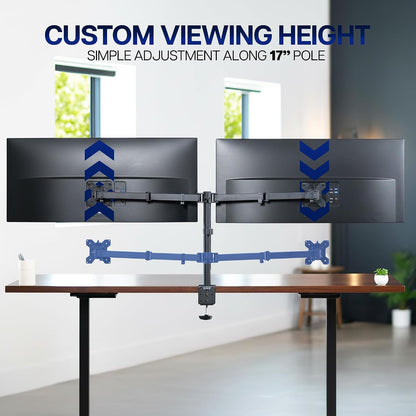 Dual Monitor Desk Mount, Holds 2 Computer Screens up to 30 inches and 22lbs Each, Heavy Duty Fully Adjustable Steel Stand with C-Clamp and Grommet, Black, STAND-V002