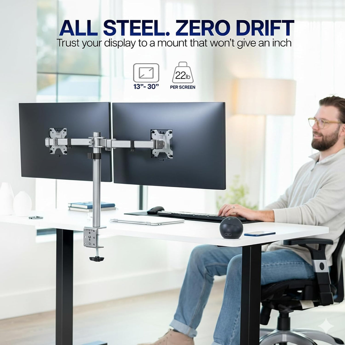 Dual Monitor Desk Mount, Holds 2 Computer Screens up to 30 inches and 22lbs Each, Heavy Duty Fully Adjustable Steel Stand with C-Clamp and Grommet, Black, STAND-V002