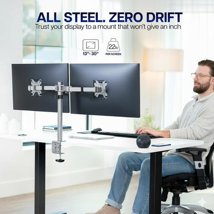 Dual Monitor Desk Mount, Holds 2 Computer Screens up to 30 inches and 22lbs Each, Heavy Duty Fully Adjustable Steel Stand with C-Clamp and Grommet, Black, STAND-V002