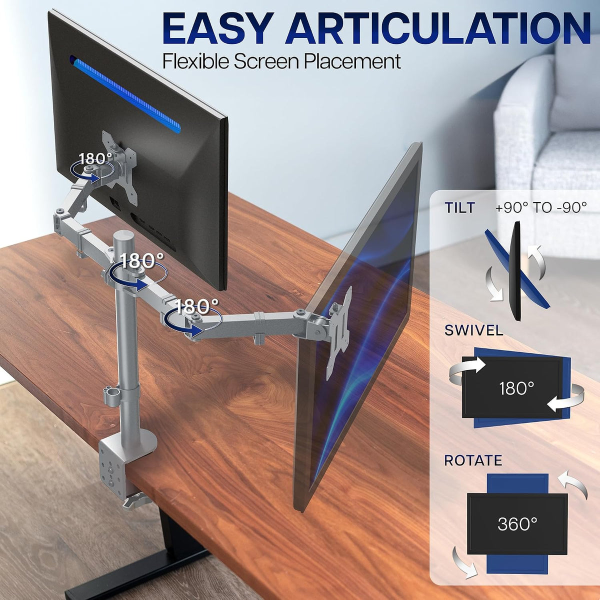 Dual Monitor Desk Mount, Holds 2 Computer Screens up to 30 inches and 22lbs Each, Heavy Duty Fully Adjustable Steel Stand with C-Clamp and Grommet, Black, STAND-V002