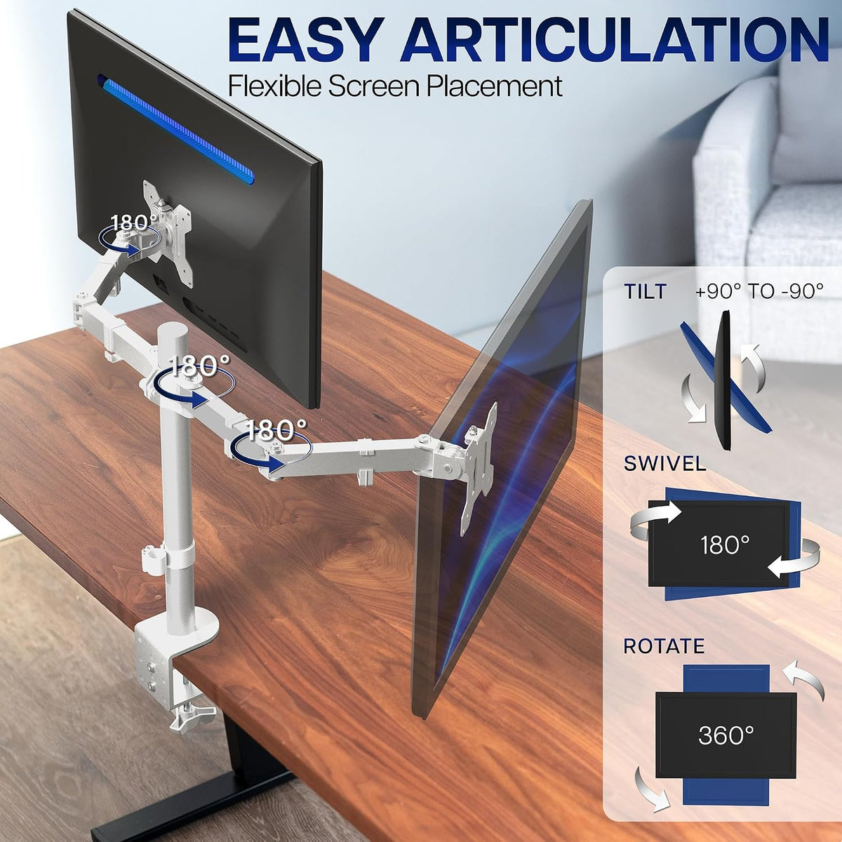 Dual Monitor Desk Mount, Holds 2 Computer Screens up to 30 inches and 22lbs Each, Heavy Duty Fully Adjustable Steel Stand with C-Clamp and Grommet, Black, STAND-V002