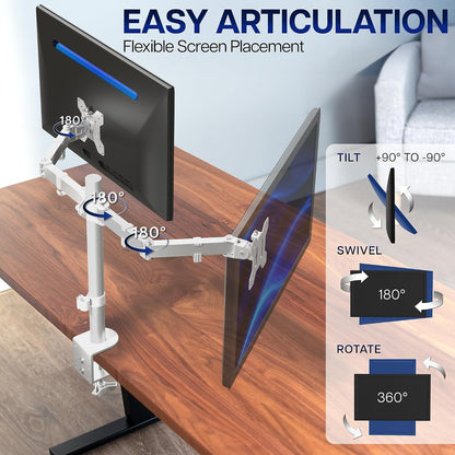 Dual Monitor Desk Mount, Holds 2 Computer Screens up to 30 inches and 22lbs Each, Heavy Duty Fully Adjustable Steel Stand with C-Clamp and Grommet, Black, STAND-V002