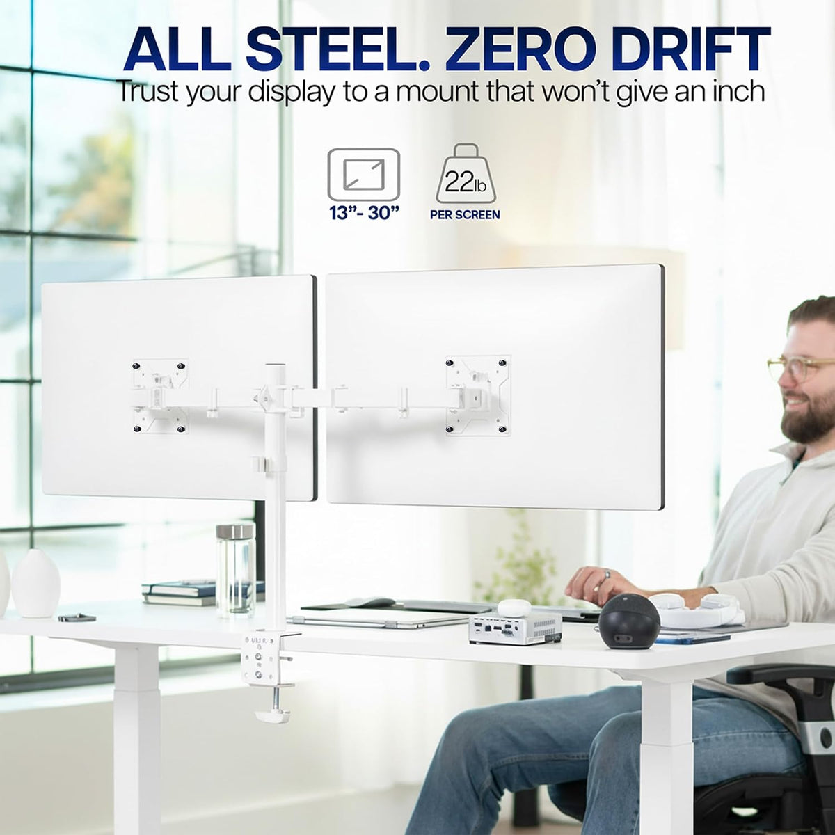 Dual Monitor Desk Mount, Holds 2 Computer Screens up to 30 inches and 22lbs Each, Heavy Duty Fully Adjustable Steel Stand with C-Clamp and Grommet, Black, STAND-V002