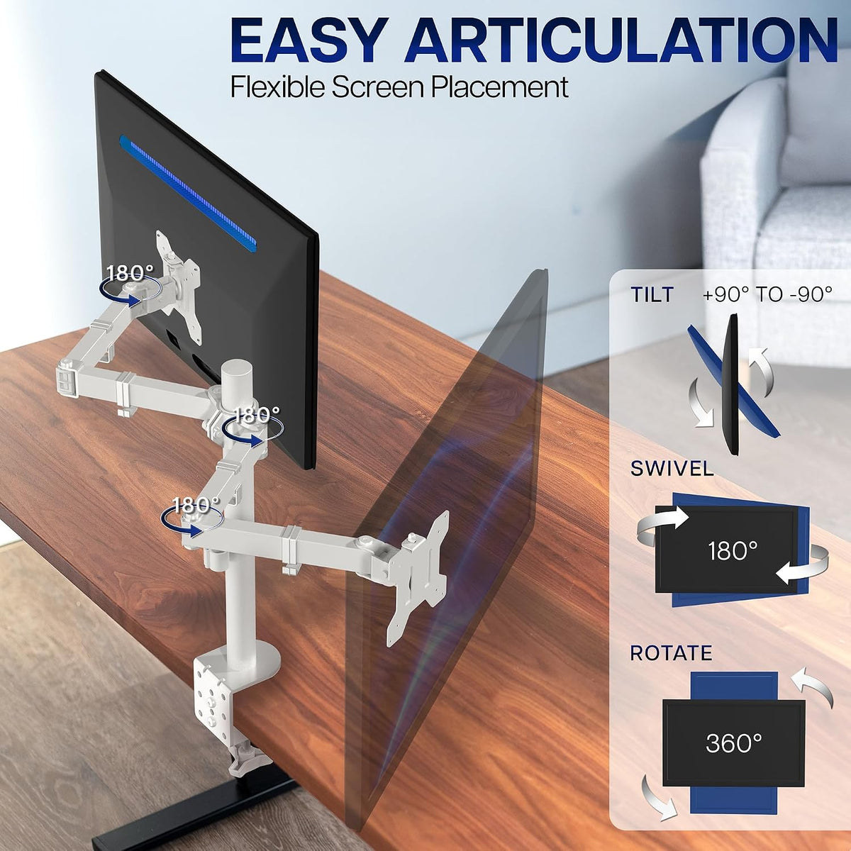 Dual Monitor Desk Mount, Holds 2 Computer Screens up to 30 inches and 22lbs Each, Heavy Duty Fully Adjustable Steel Stand with C-Clamp and Grommet, Black, STAND-V002