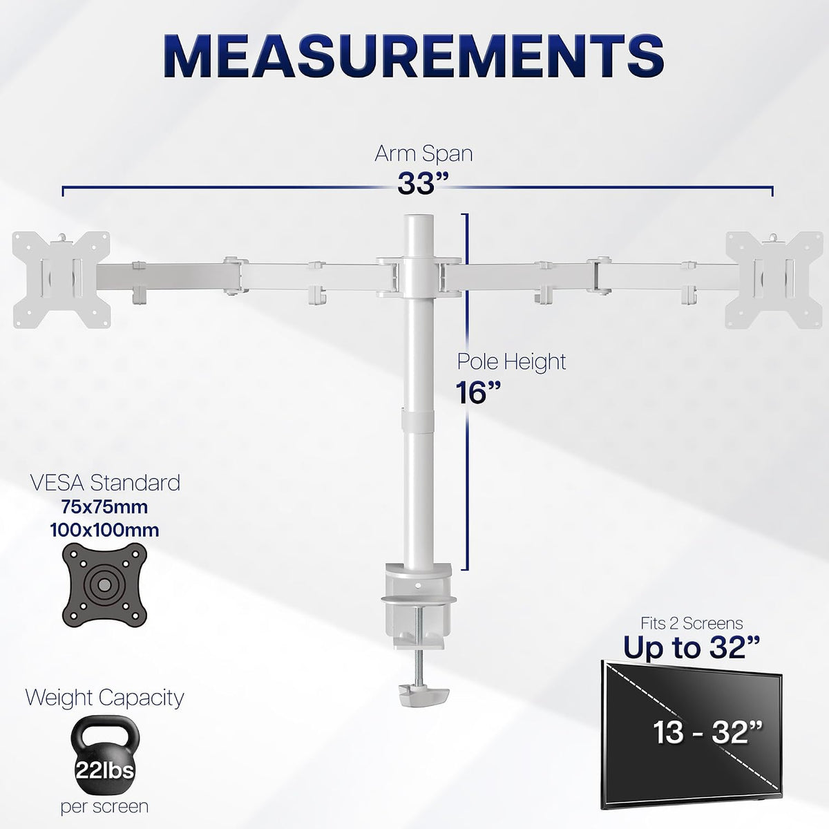 Dual Monitor Desk Mount, Holds 2 Computer Screens up to 30 inches and 22lbs Each, Heavy Duty Fully Adjustable Steel Stand with C-Clamp and Grommet, Black, STAND-V002