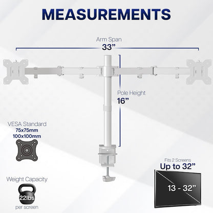Dual Monitor Desk Mount, Holds 2 Computer Screens up to 30 inches and 22lbs Each, Heavy Duty Fully Adjustable Steel Stand with C-Clamp and Grommet, Black, STAND-V002