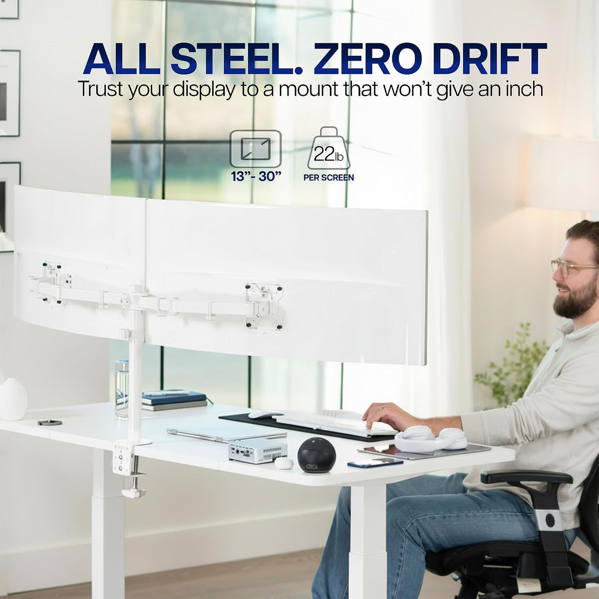 Dual Monitor Desk Mount, Holds 2 Computer Screens up to 30 inches and 22lbs Each, Heavy Duty Fully Adjustable Steel Stand with C-Clamp and Grommet, Black, STAND-V002