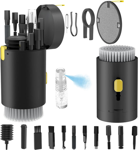 Keyboard Cleaner Kit, Electronics Cleaning Kit with Retractable Big Brush, Portable, 20 in 1 Multi-Tool Kit for Phones, Tablet, Computer, PC Monitor,TV Camera Lens with 2.5ml Mist Spray (Black)